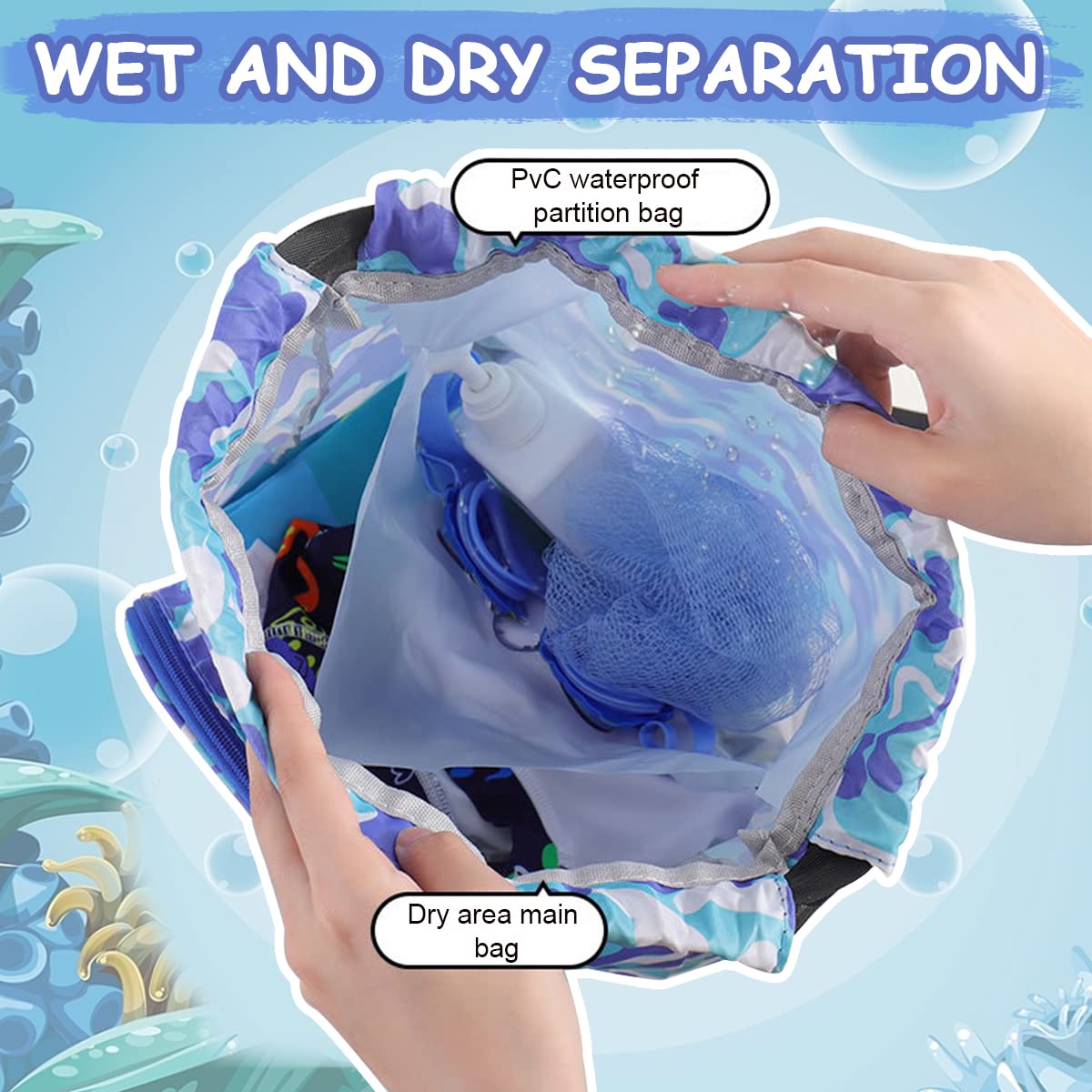 PALAY® Swimming Bag for Kids Cartoon Print Shoulder Bag for Kids Large Capacity Backpack for Boys Girls Wet Dry Separation Beach Bag Storage Bag for Clothes, Swimming Goggles 2