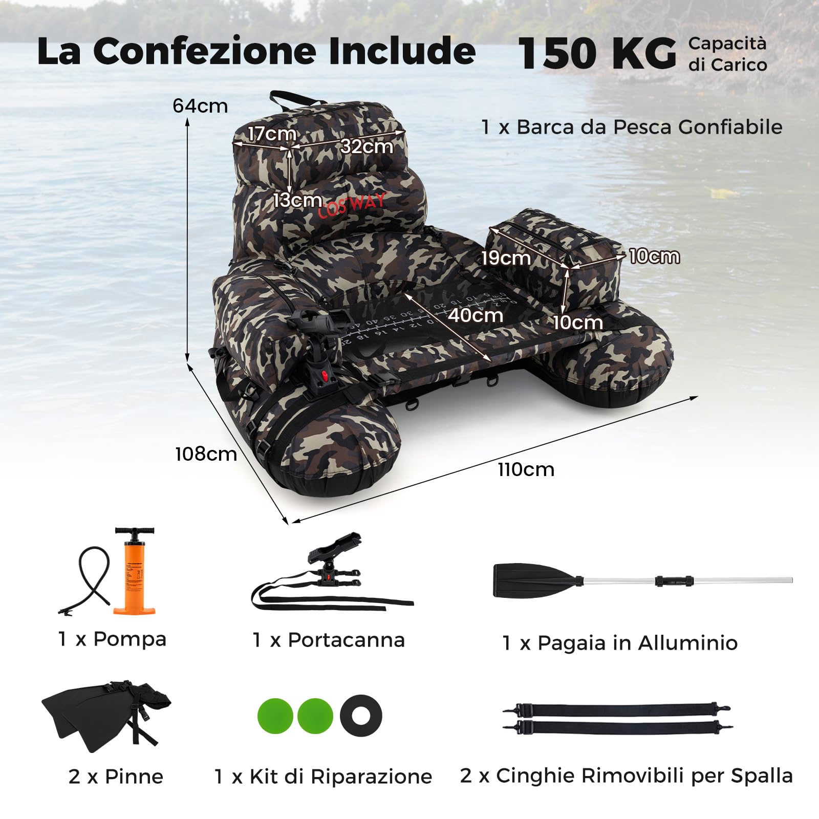 COSTWAY Galleggiante da Pesca Gonfiabile, Barca da Pesca Portatile con Spallacci, Pompa Manuale, Remi, Pinne, Supporto per Canna da Pesca, Righello per Pesci e Spazi di Stoccaggio, Portata 150 kg
