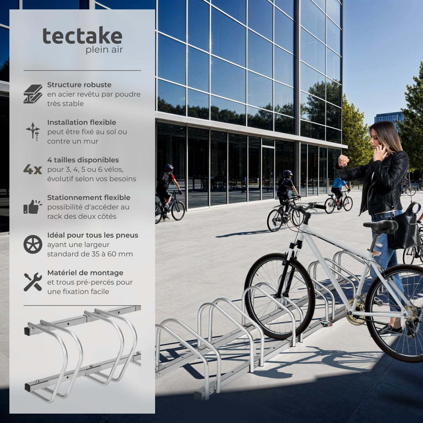tectake® Support Vélo, Râtelier en Acier laqué pour 6 vélos, 161 x 28,5 x 26 cm, Rack pour des largeurs de pneus de 35 à 60 mm, Vélos électriques VTT Support Velo Sol et Mural Range Velo