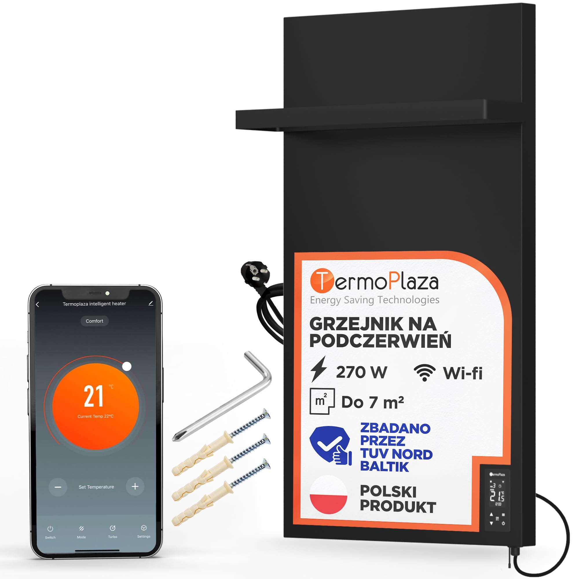 TermoPlaza WiFi Promiennik na Podczerwień 270 W do 7 m² | Inteligentny elektryczny grzejnik ścienny | Grzejnik łazienkowy z wieszakiem na ręczniki i termostatem | Grzejnik elektryczny do łazienki