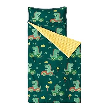 Wake In Cloud - Toddler Nap Mat with Pillow and Minky Fleece Blanket, for Kids Boys in Daycare Preschool Kindergarten, Roll Up Sleeping Bag, Cute Dinosaur Driving Cars, Forest Green, Standard