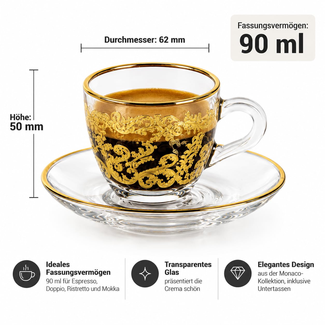 Espressotassen mit Untertasse 90 ml, 2er Set