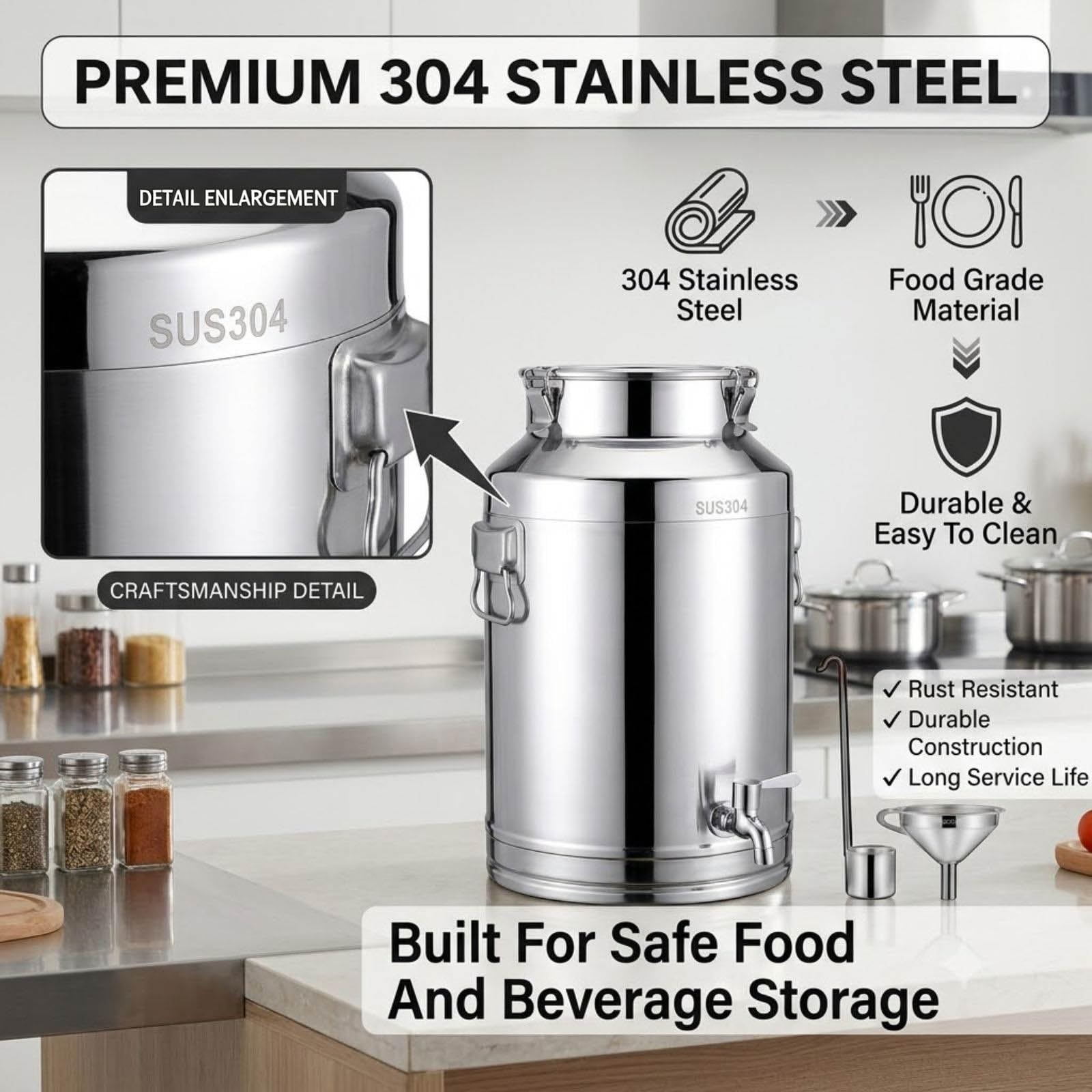 Contenedor de Acero Inoxidable 304 Dispensador de Bebidas y Agua | Bidón Hermético con Grifo de Acero Inoxidable 304 para Leche y Alimentos, Comercial y Hogar 5L-120L(22Liter)