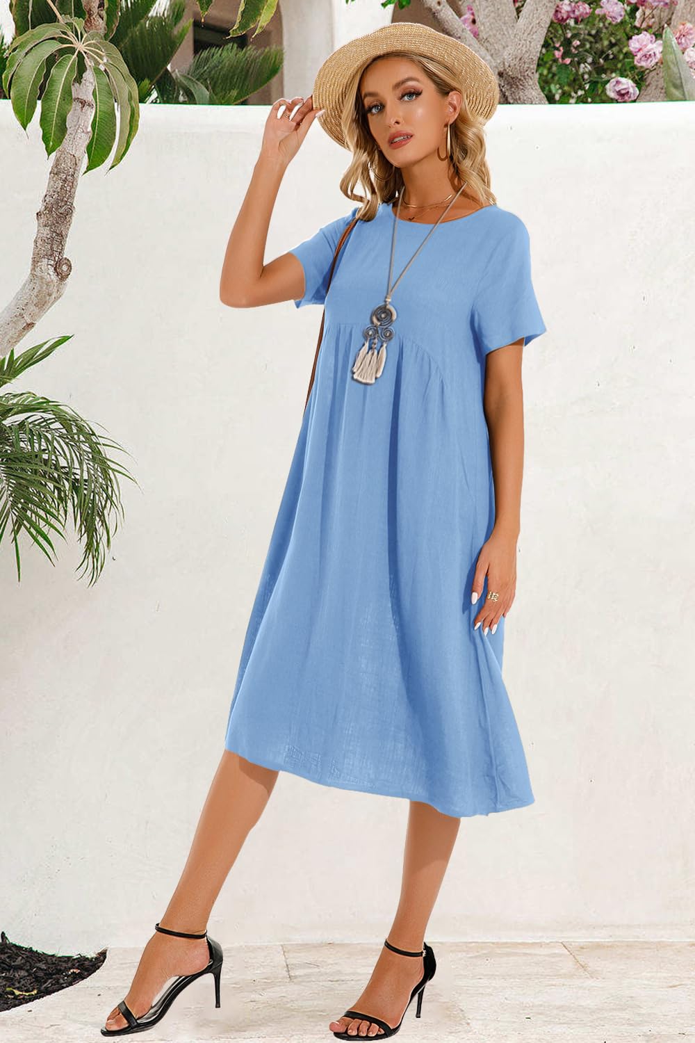 Abito estivo da donna in lino, casual, con scollo a V, a maniche corte, linea ad A, senza accessori, E blu., M
