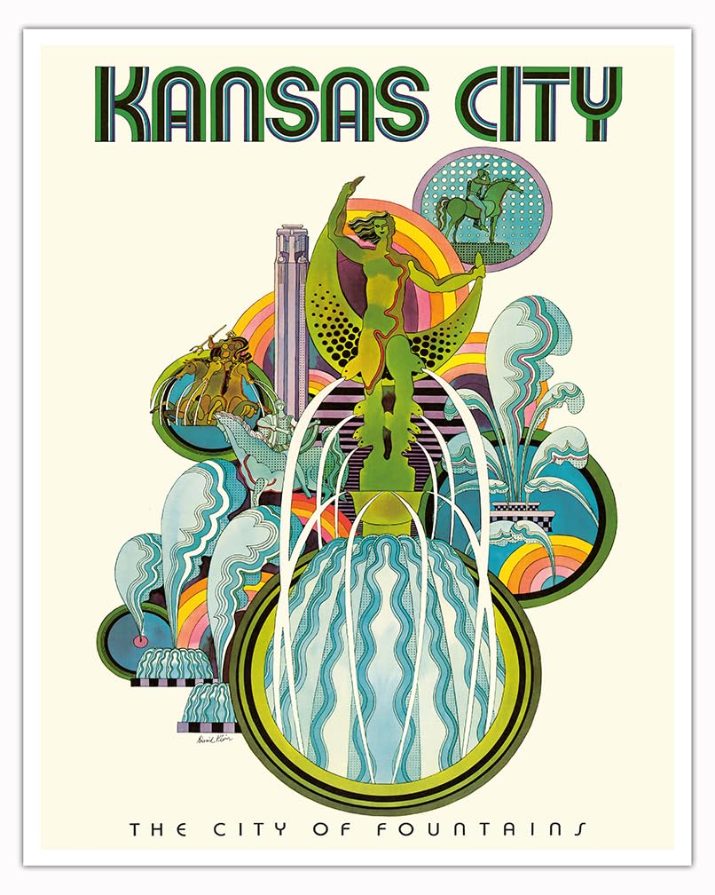 Kansas City - The City of Fountains - Vintage Travel Poster by David Klein c.1960s - Fine Art Matte Paper Print (Unframed) 16x20in