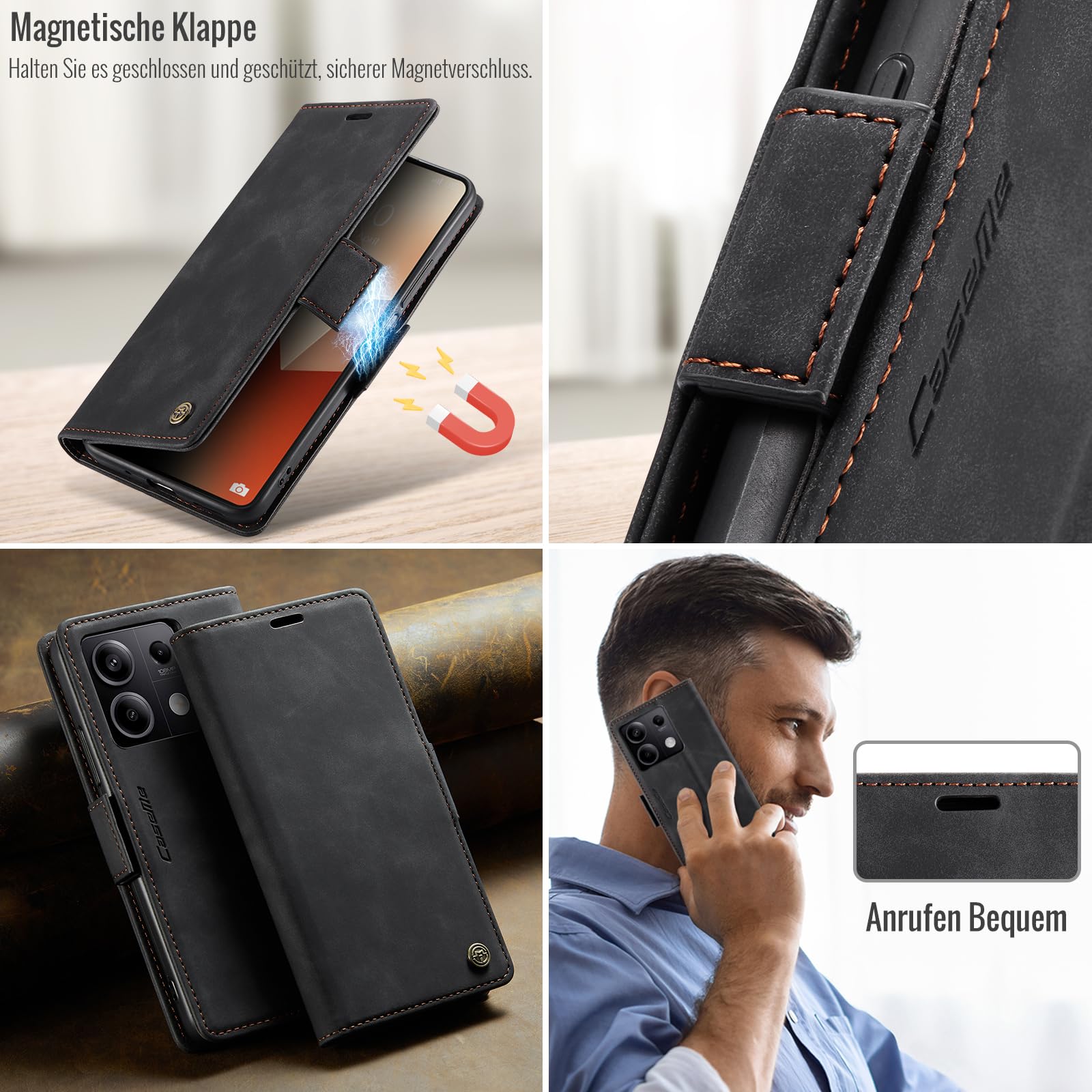 KZB Leder-Klapphülle Für Xiaomi Redmi Note 13 5G – Mit Magnetverschluss, Kartenfächern, Standfunktion, Schwarz