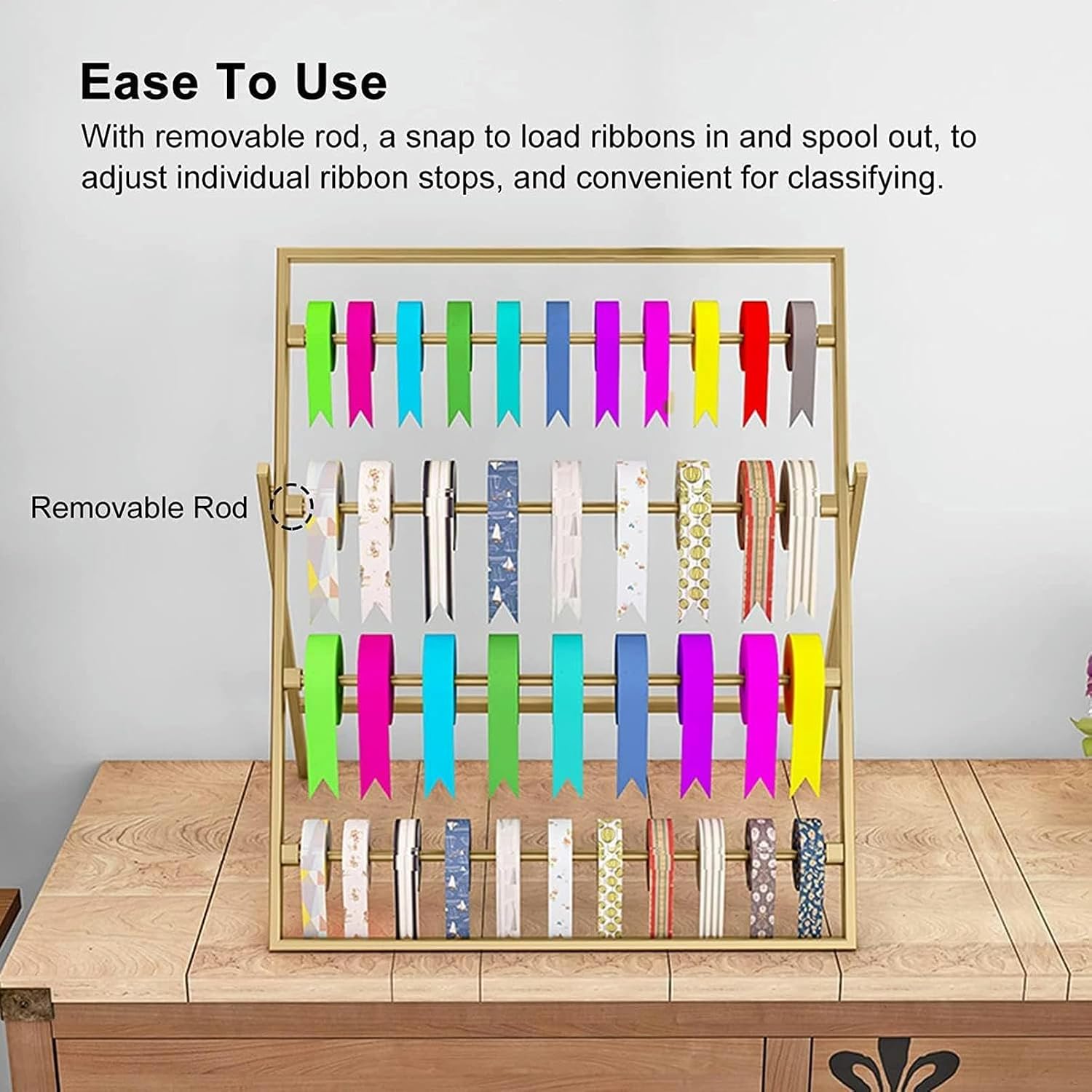 Ribbon Storage Organizers Rack Craft Ribbon Organizer Holder Rack, 4 Tier Metal Wrapping Ribbon Display Stand with Removable Rod, Modern Tabletop Storage Racks for Commercial image 5