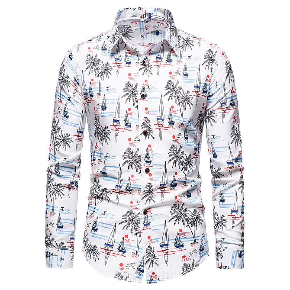 HGJH Hawaii Hemd, Herrenhemd Langarm Schwarz Kokospalme Segelboot-Print Hawaiihemd Kuba-Kragen Weiß Langarm Button Down Weiches Strandhemd Henley-Hemd Für Männer Jungen