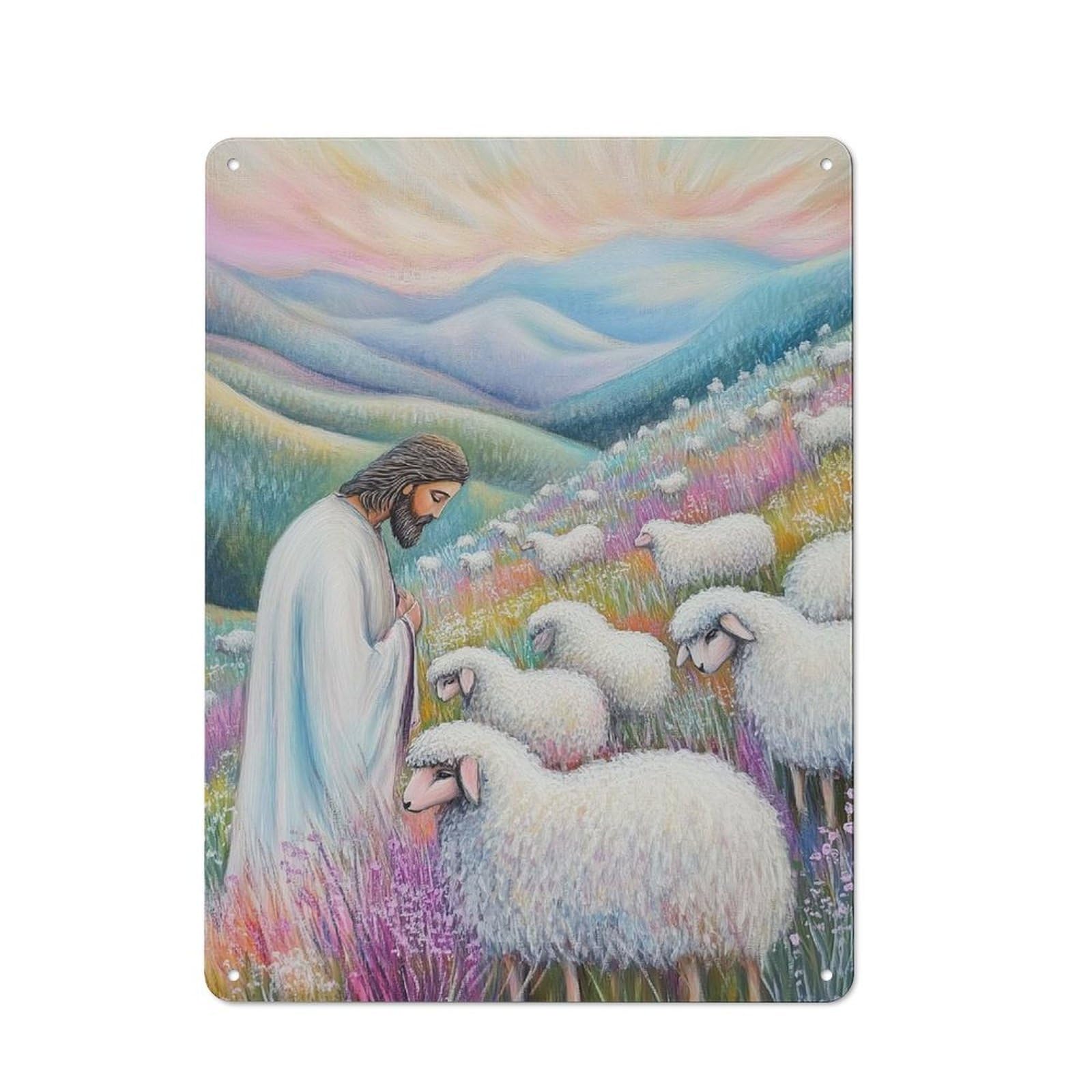 Junmoney Jesus And Lambs Vintage Tin Sign 40X30cm For Garden Room Or Summerhouse, A Housewarming Gift For Outdoor-Room Decor Collectors
