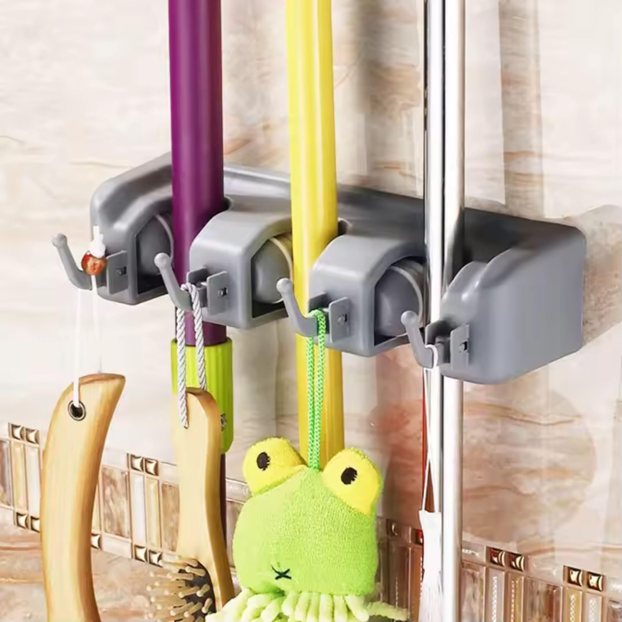 Hian Wall-Mounted Broom and Mop Holder with 3 Slots and 4 Hooks Gray Polypropylene Broomstick & Brush Organizer with Hanger Hooks, Space-Saving Storage Solution for Household Cleaning Tools (3 Slots) (B0DD6XCXJR) Amazon Price History, Amazon Price Tracker