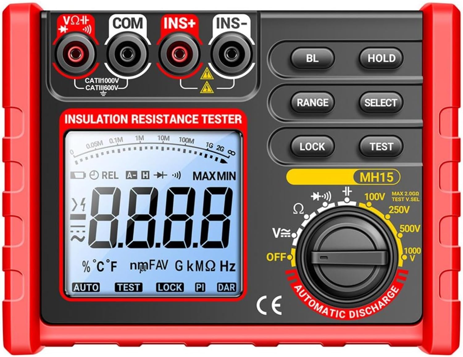 100V-1000V Digital Insulation Resistance Tester, MH15 Megger Megohm Testing Meter, LCD Display DC AC Voltage Resistance Measurement For Electrical Equipment Testing