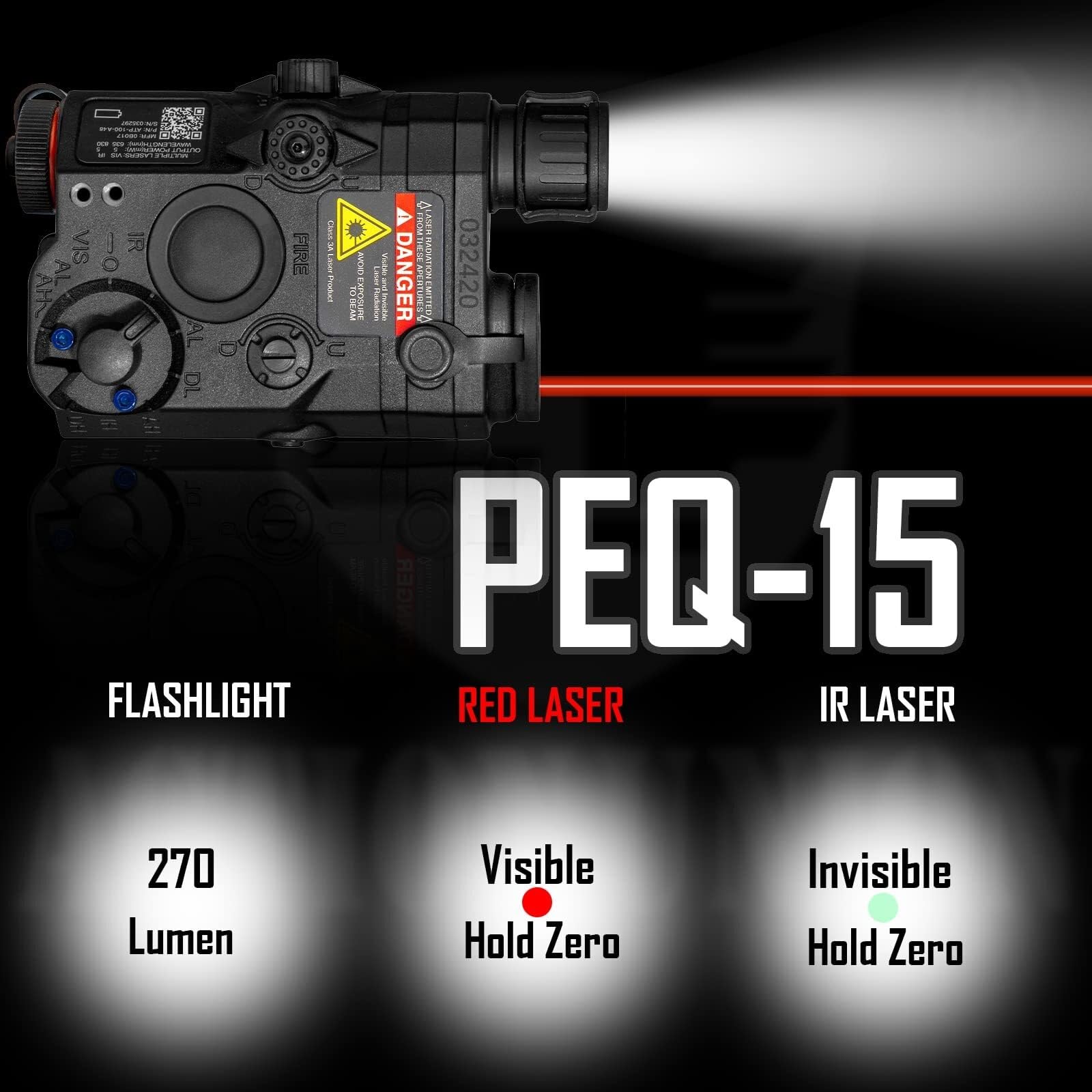 Airsoft PEQ-15 IR Laser + Visible Red Laser + White LED Flashlight (Black)