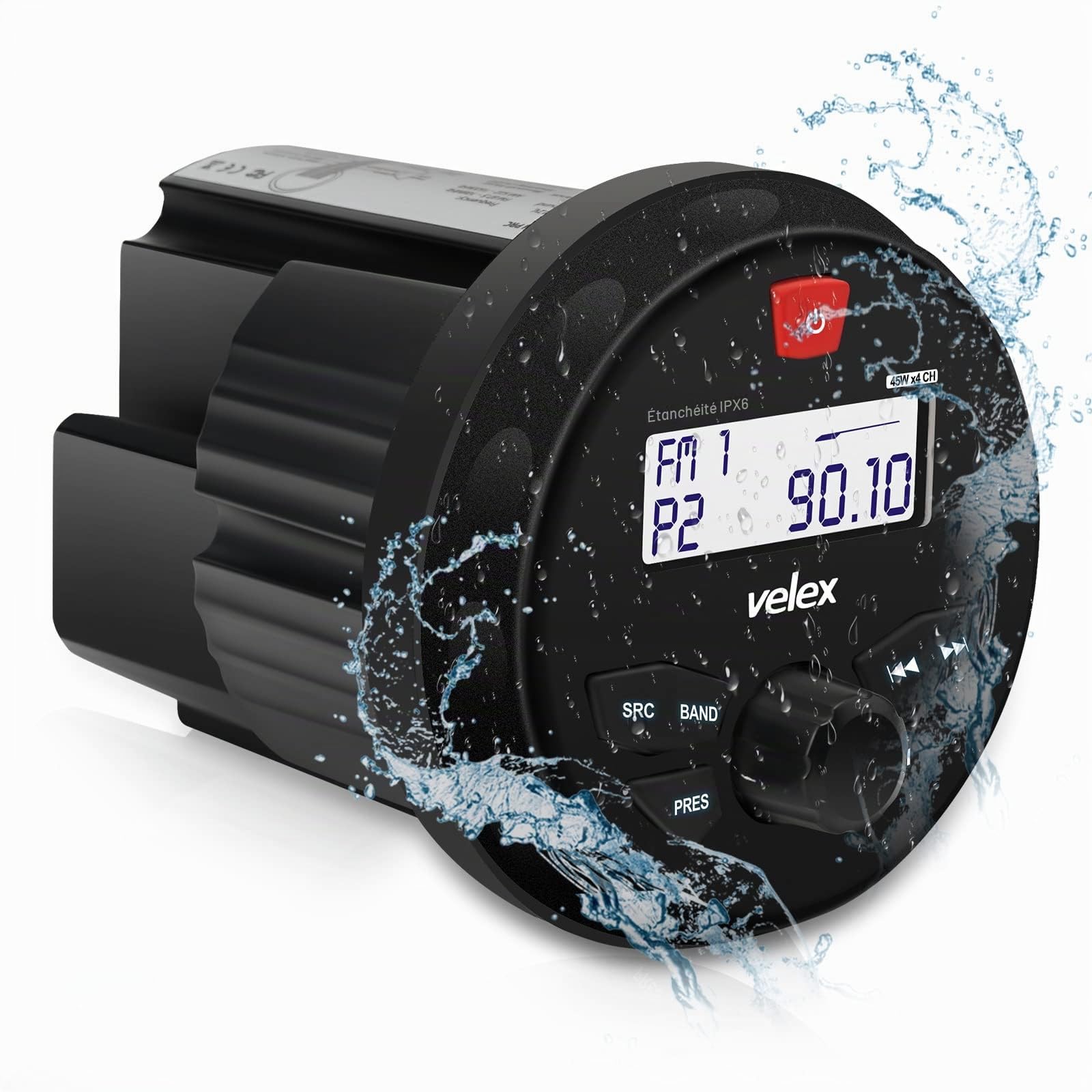 Vélex Récepteur stéréo étanche Bluetooth marine avec lecteur MP3, DAB+/AM/FM et USB pour streaming de musique sur bateau, golf carts, ATV/UTV et spa/hot tubs