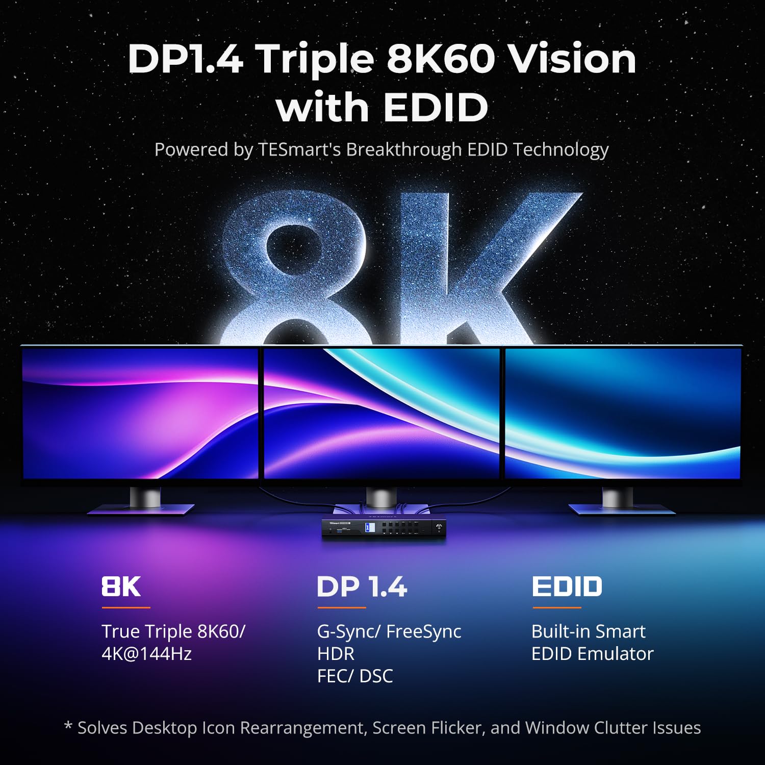 TESmart Switch KVM Displayport 4K@144Hz 3 monitor 4 computer USB 3.0, DP 1.4 Triple Monitor 4 porte KVM 8K a 60Hz, supporto EDID, rete Gigabit, Hotkey Switch, VRR, tutti i cavi di ingresso (DKS403-M24