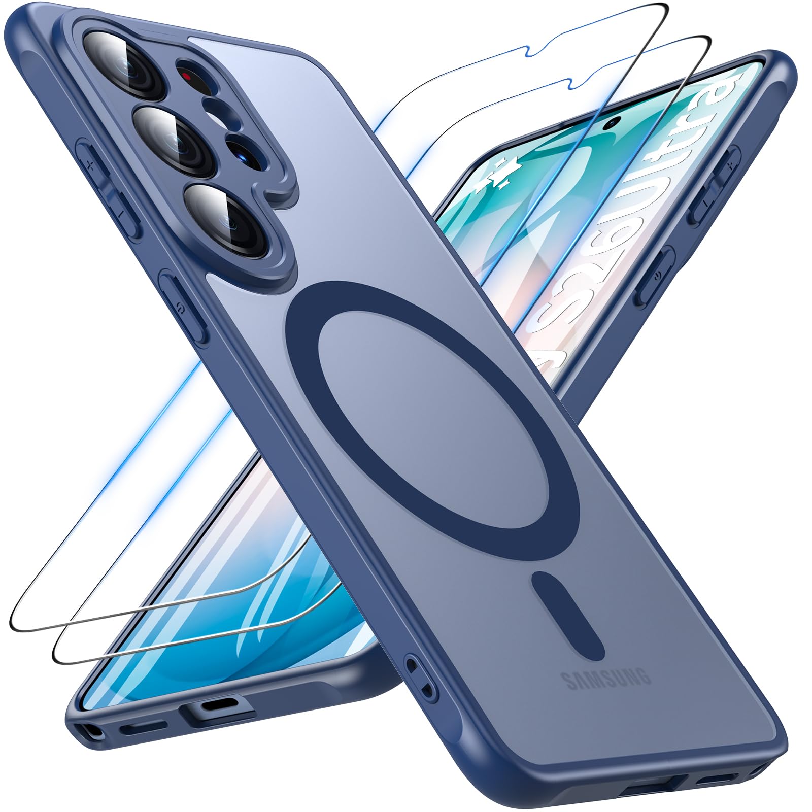 OWKEY Galaxy S26 Ultra ケース ガラスフィルム付き MagSafe対応 半透明 黄ばみなし 耐衝撃 6.9インチ ブルー
