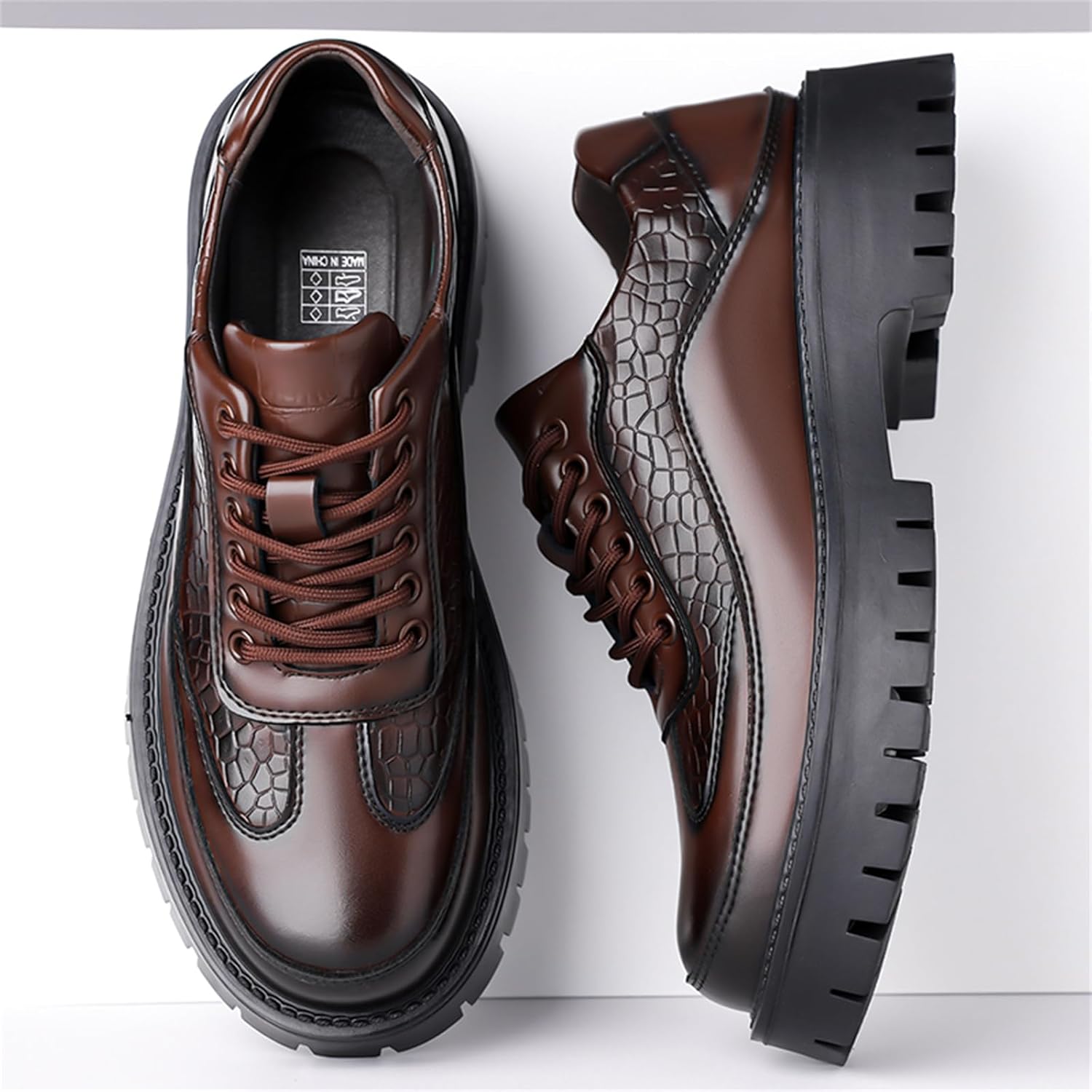 Men's Crocodile Embossed Genuine Leather Lace Up Chunky Platform Dress Derby Oxford Round Toe Lug Non Slip Sole for Business Casual Formal Office Driving Loafers