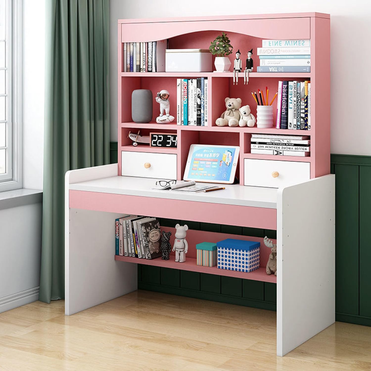 ALEEIK Computer Desk with 2 Storage Drawers & Bookshelf