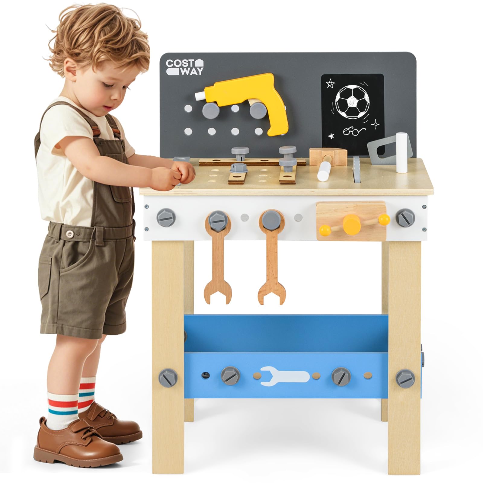 COSTWAY Banco de Herramientas para Niños, Banco de Trabajo Infantil de Madera Pequeños, Pizarra y Estante de Almacenamiento, Juego de Herramientas de Juguete Montessori para Niños de 3+ Años