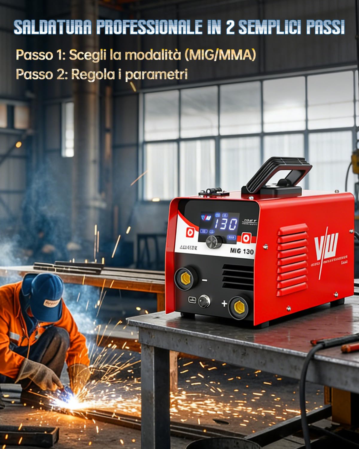 MIG 130A Saldatrice a Filo Continuo No Gas - Inverter Saldatore Portatile 3 in 1 (ARC/Flux MIG/STICK) con Maschera Auto-Oscurante e Torcia - Tecnologia IGBT Compatto per Principianti - VECTOR WELDING