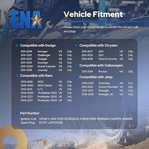 Miniatura 3 de ENA Juego de 6 bobinas de encendido y bujías de iridio para UF648 compatibles con Chrysler Dodge Charger Jeep Grand Cherokee Wrangler 200 300