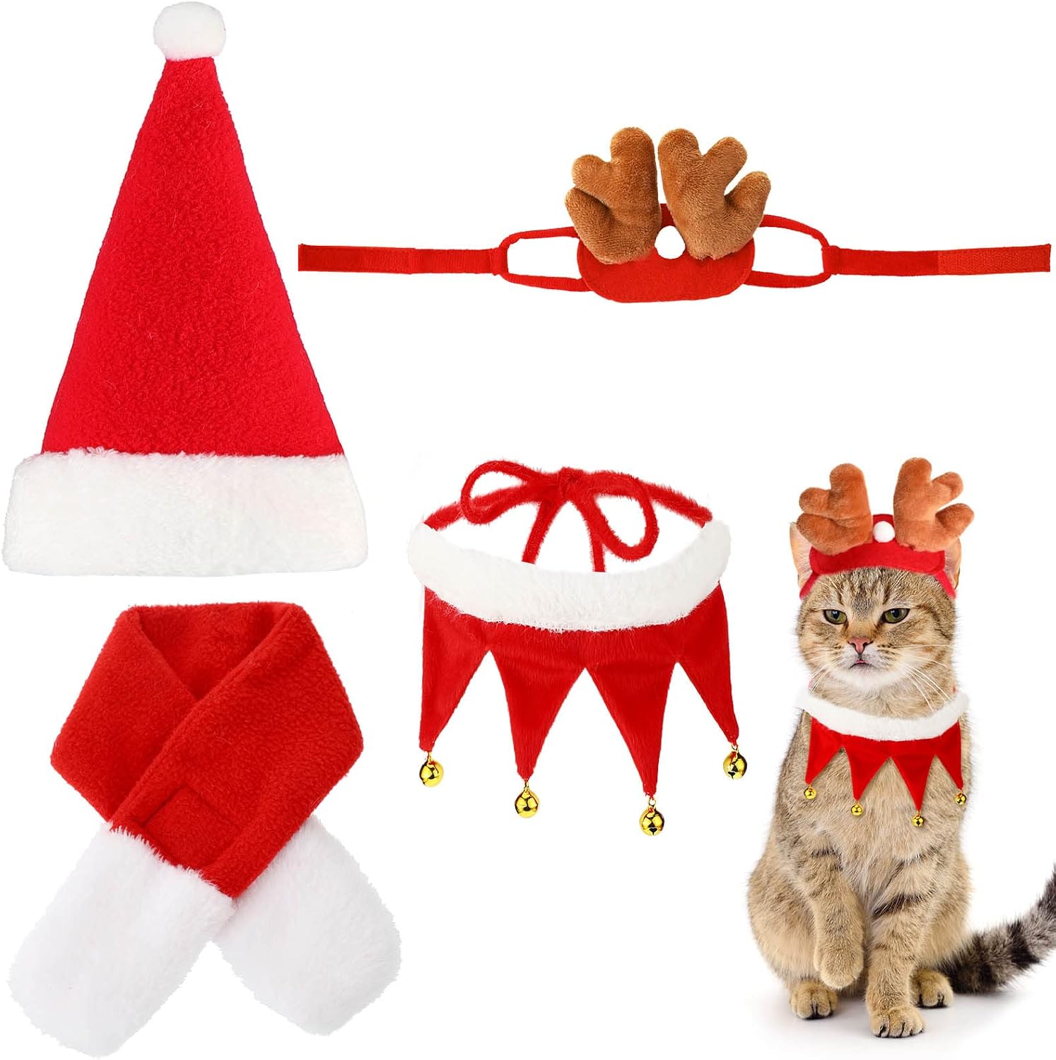 4 Pieces Pet Cat Christmas Costumes Set Includes Santa Christmas Hat Muffler Elk Antler Reindeer Headwear Cat Collar with Bells Scarf…