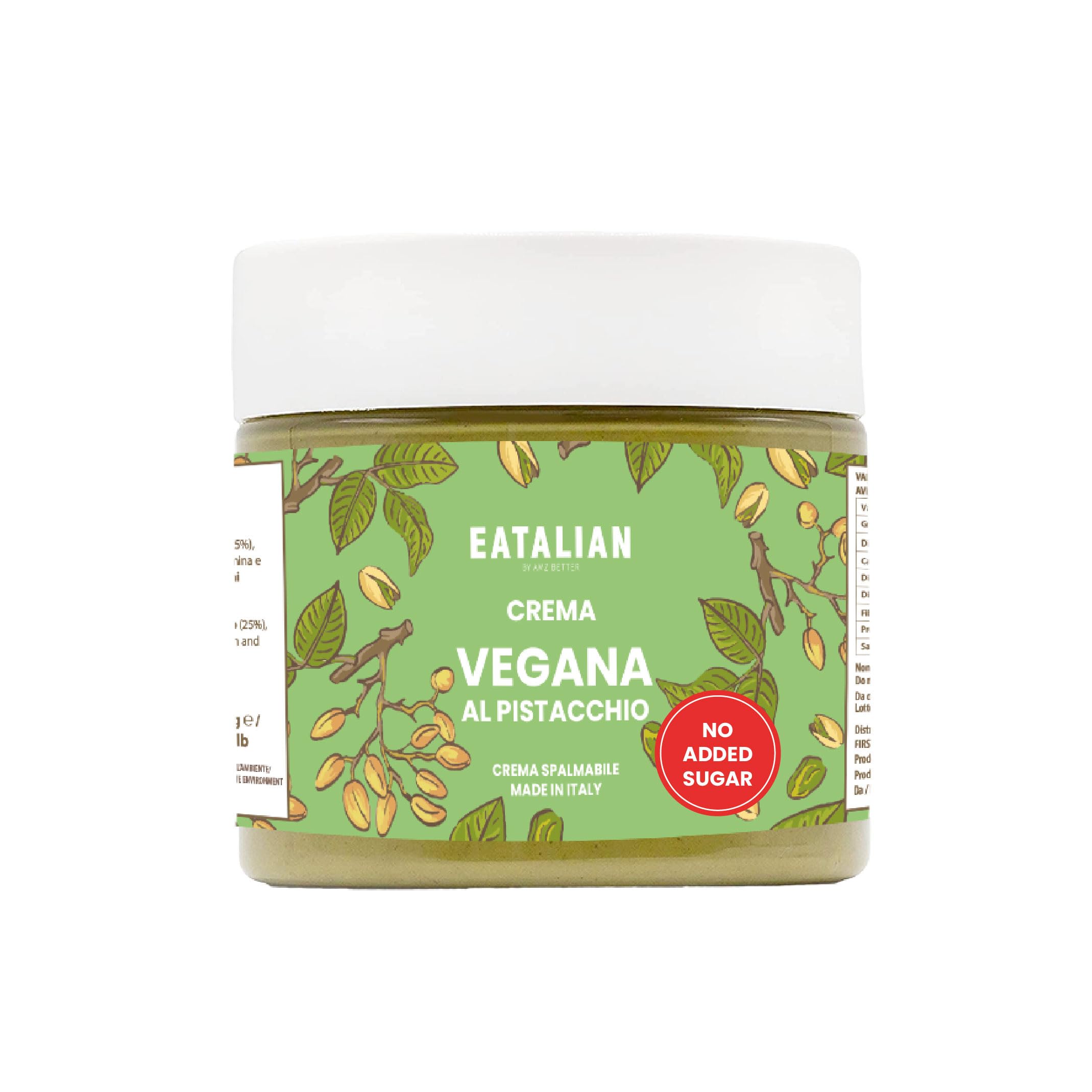 EATALIAN BY AMZ BETTER Vegan Pistachio Cream with No Added Sugar, Vegan Spread, Ideal on Bread, Perfect with Ice Cream and Dubai Chocolate, 200g Made in Italy