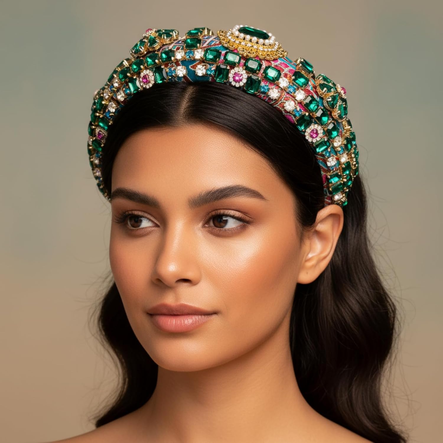 XSKL Fashion Vintage Ethnic Style Headband Rhinestone Crystal Headbands Embroidery Wide Hair Band Accessories for Women (Green, M)