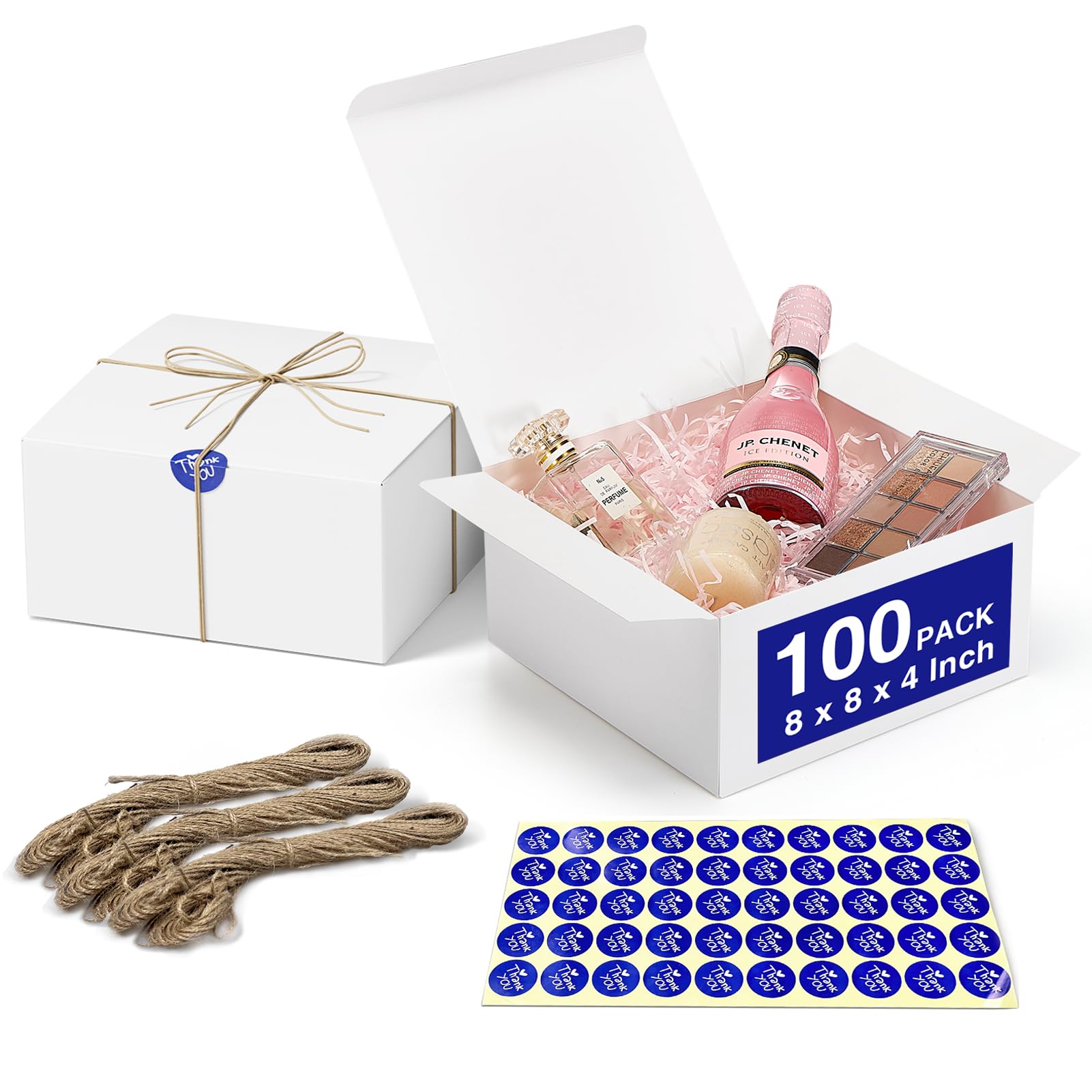 MESHA Christmas White Gift Boxes 8x8x4'' 100PC, Gift Boxes with Twine and Thank You Stickers Bridesmaid Proposal Boxes with Lids for Presents Small Busibess Wedding Favors Birthday Graduation