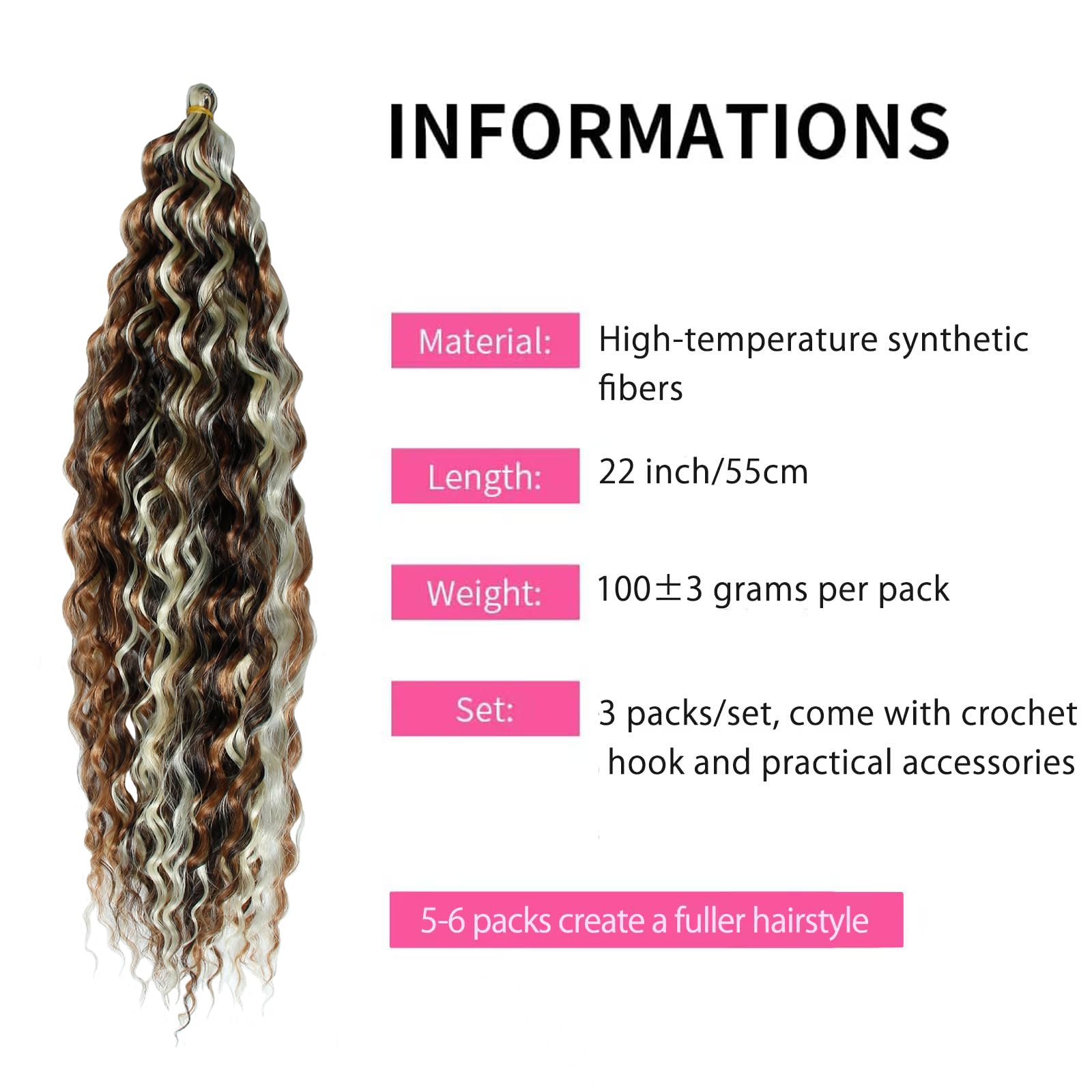 Dsoar Deep Twist Crochet Hair 22 Inch Highlight Deep Wave Curly Braiding Hair 3 Packs Water Wave Synthetic Hair Extensions for Women (4/30/613#) - Image 2