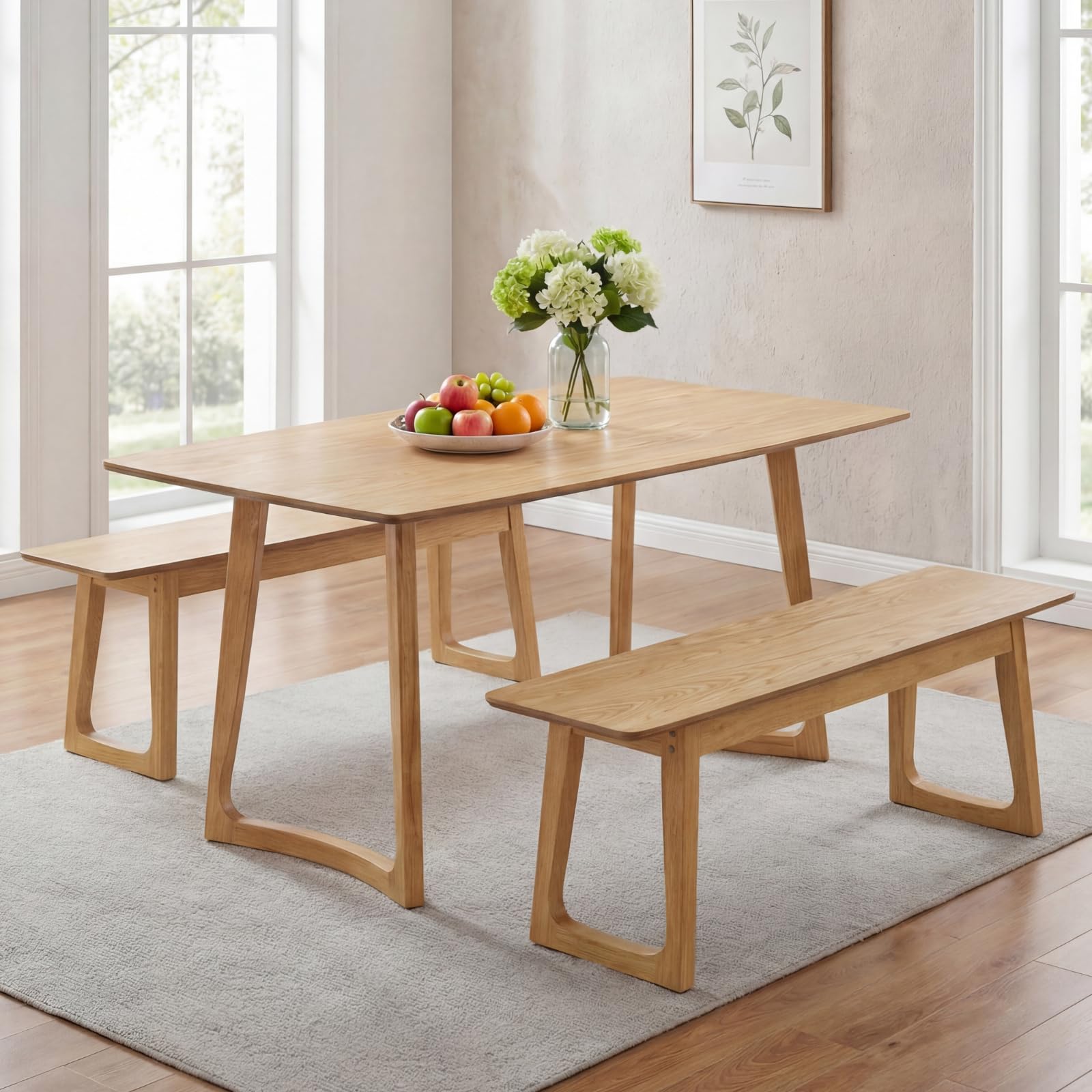 HNY 63" Rectangular Wooden Dining Table with 2 Benches, Farmhouse Dining Table Set for 4-6 People, Kitchen Table with Bench, Kitchen Table Set for Dining Room/Restaurant, Oak