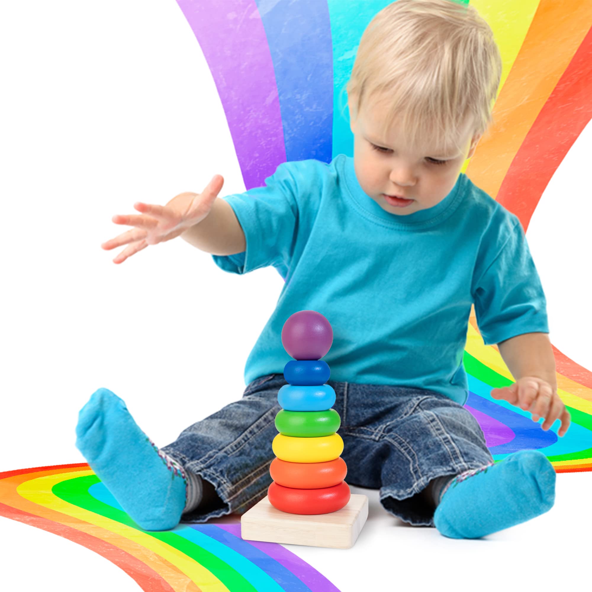 WOODMAM Montessori Wooden Shape Sorter Toys for 1 2 3 Year Older Toddlers,4-in-1 Stacking Toy Set with Rainbow Ring Stacking Tower, Educational Gift for Girls Boys