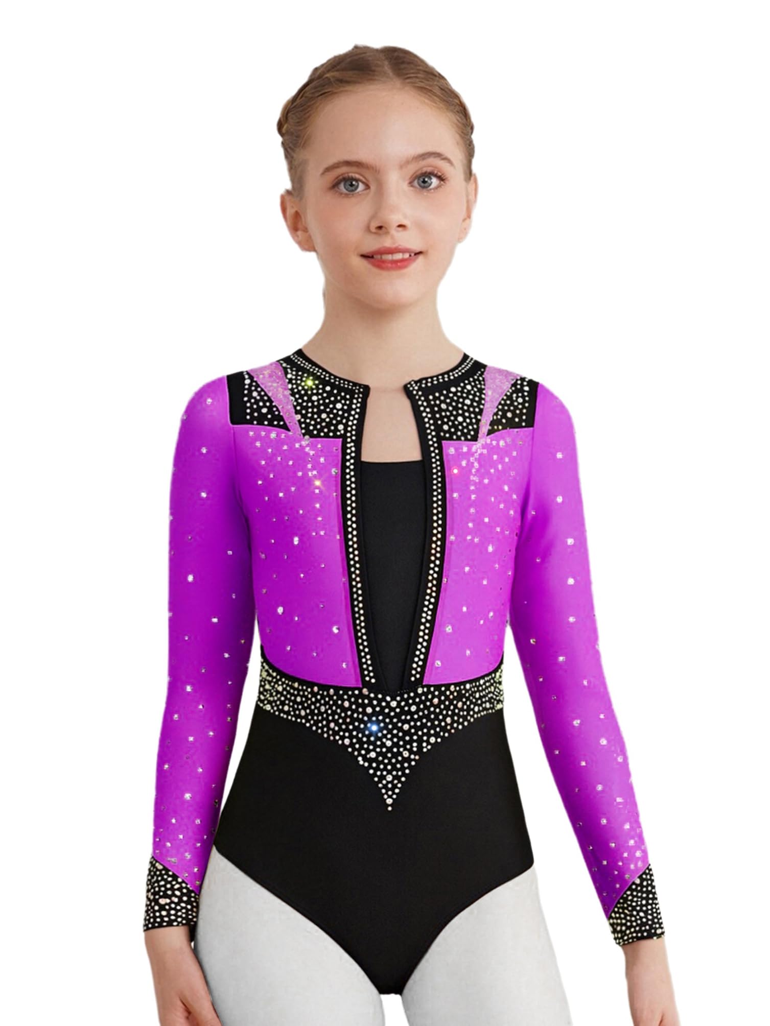 inhzoy Body da Danza Classica Balletto per Bambina Body Ginnastica Ritmica Manica Lunga Ballet Leotard con Strass Bodysuit da Allenamento Danza Moderna Yoga Jumpsuit