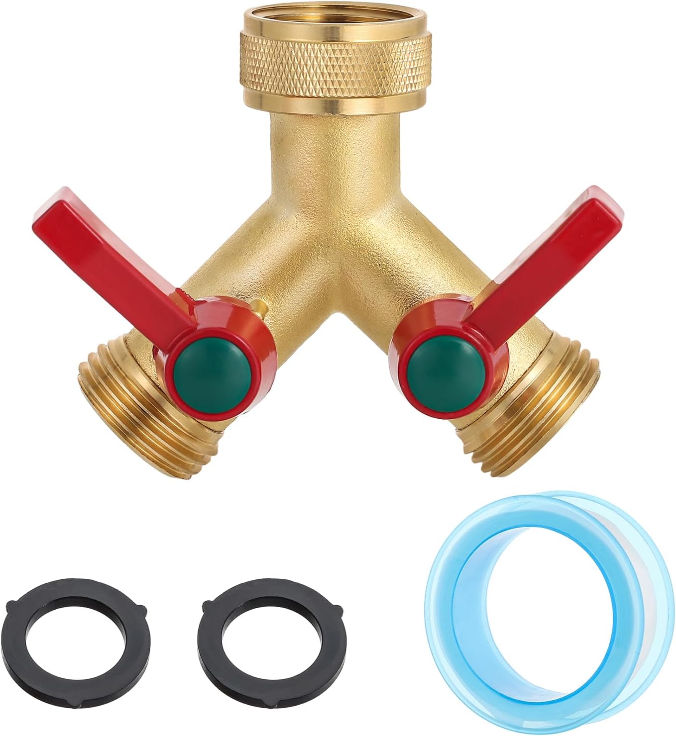 Brass Garden Hose Splitter, 3 Way Heavy Duty Outdoor Hose Splitter, 3/4" Hose Y Faucet Splitter with Leak Proof Tape and 2 Extra Rubber Gaskets for Regulating and Shutting Off Water Flow (3 WAY)