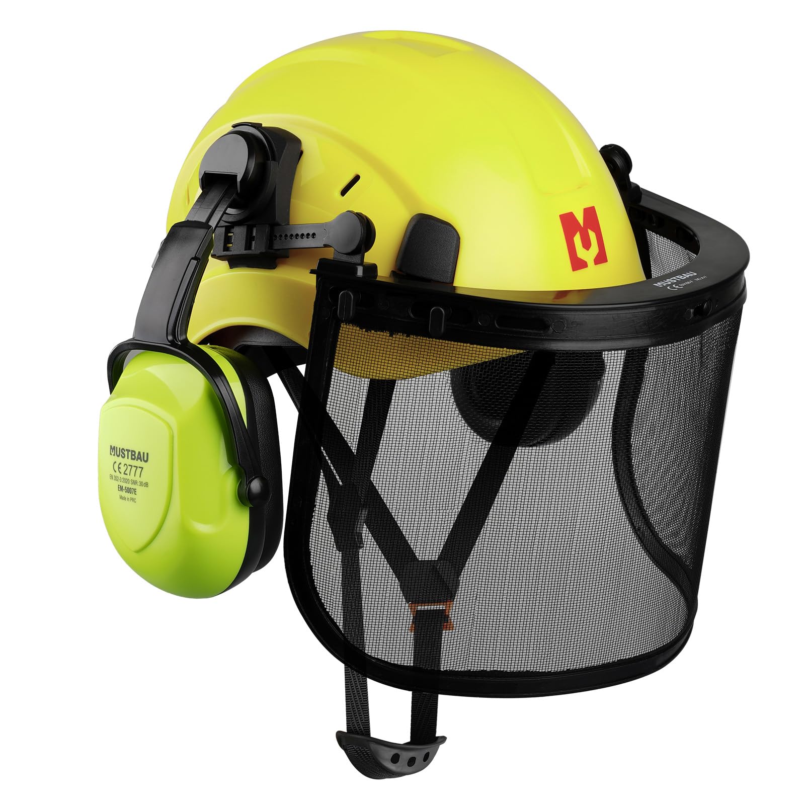 Mustbau Chainsaw Safety Helmet, Protective Helmet with Earmuffs and Mesh Visor, 53 to 63 cm Adjustable Headband Suitable for Forestry, Construction, Work