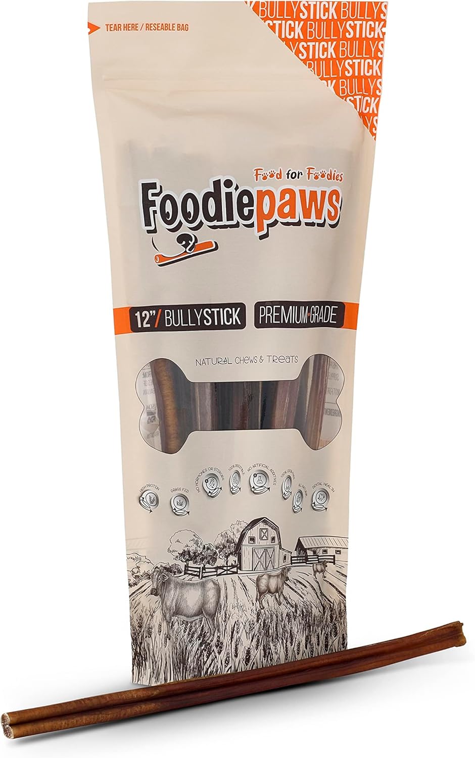 FOODIEPAWS 12 Inch Bully Sticks for Dogs, 10 Pack Bulk | All Natural, Grass-Fed Beef | High Protein, Rawhide-Free & Fully Digestible| Long Lasting Dental Treats for Large Dogs & Aggressive Chewers