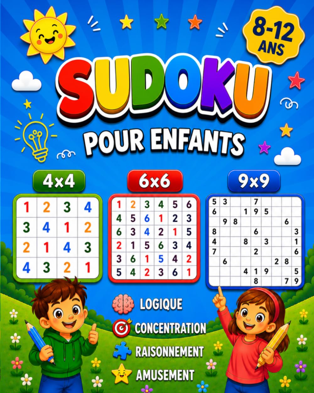 Sudoku pour enfants 8 -12 ans: Sudoku 4x4, 6x6 et 9x9 avec 5 niveaux de difficulté progressifs.