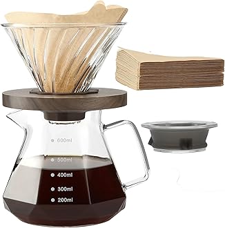 Lalord Pour Over Coffee Maker, 20 oz Borosilicate Glass Carafe with 100 pcs V60 Paper Filter by Gsform, Walnut Handle & Glass Lid, Drip Coffee Maker for Home Café Restaurant Camping, 600 ml, Clear
