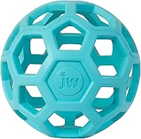 JW Hol-ee Roller Puzzle Ball Dog Toy - Natural Rubber Medium 4.5" Blue, Interactive Treat Dispenser for Fetch & Mental Stimulation