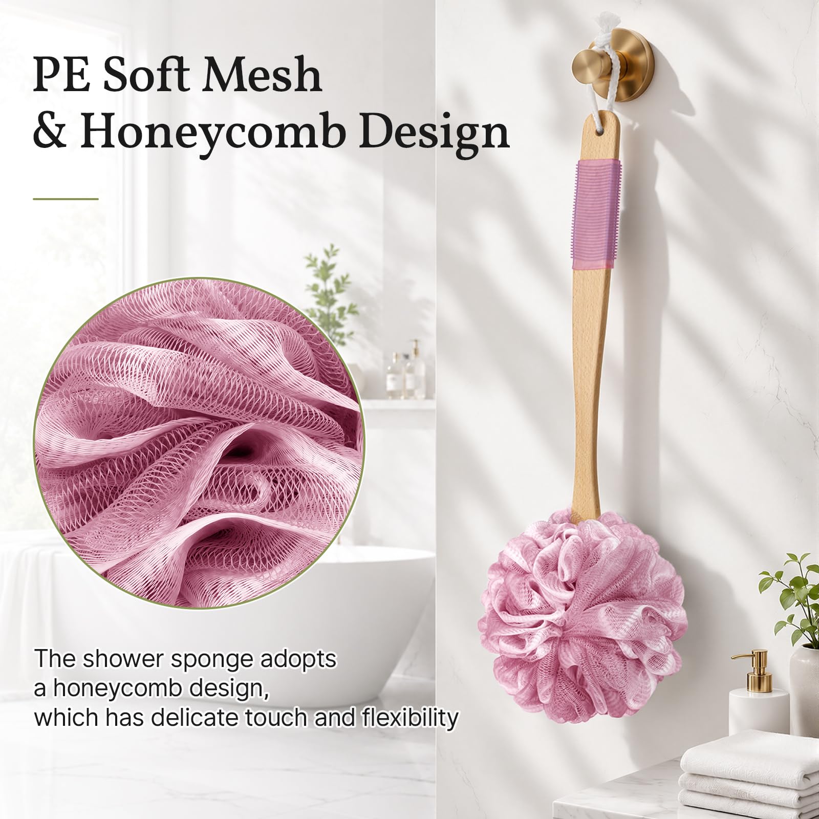 AmazerBath Esponja de ducha de lufa para espalda, esponja de esponja de polietileno de malla suave para cuerpo con mango largo de madera, esponja de baño para hombres y mujeres (rosa)