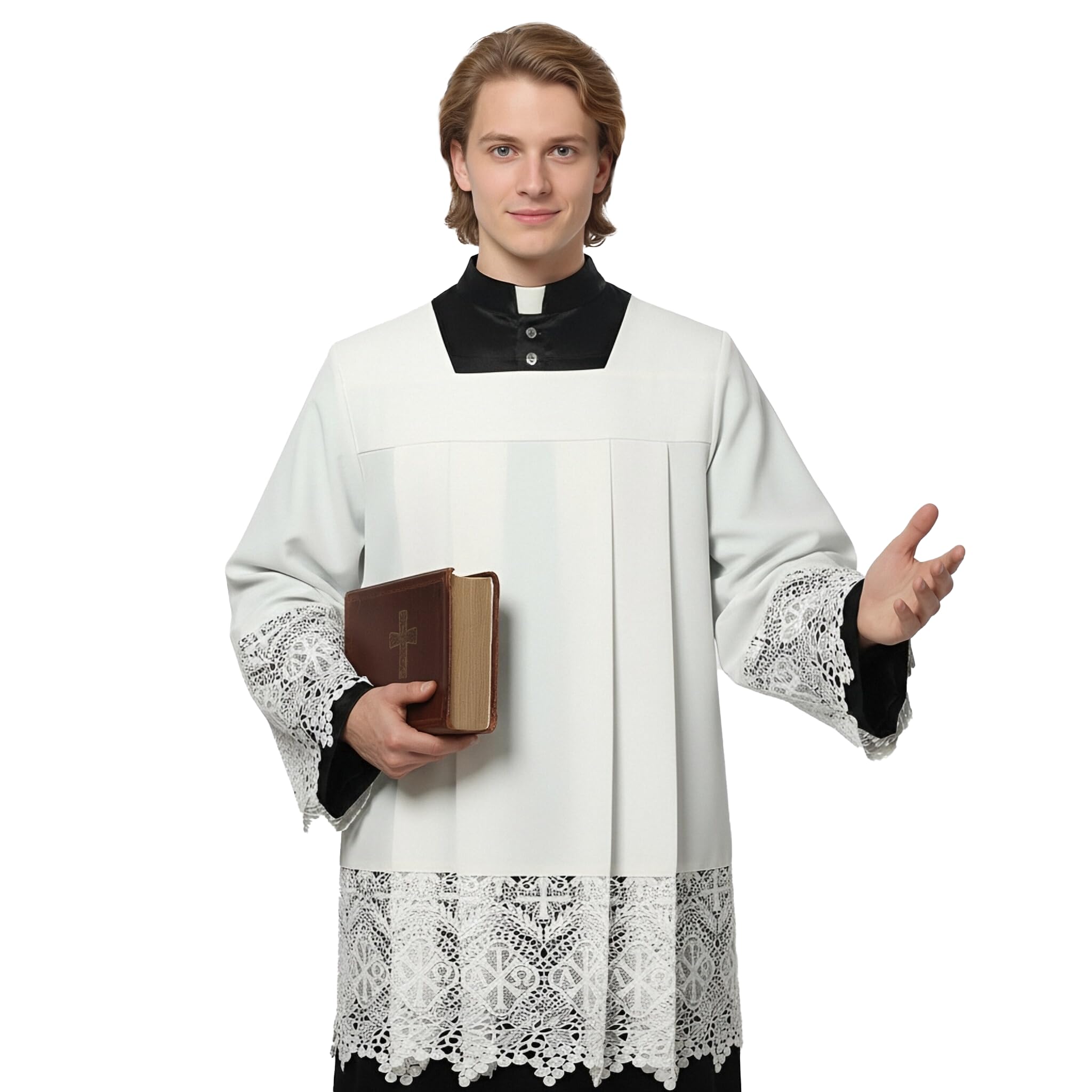 andhom Catholic Premium Clergy Vestment Set Elegant White Surplice with Pleated Lace Details-picture-11