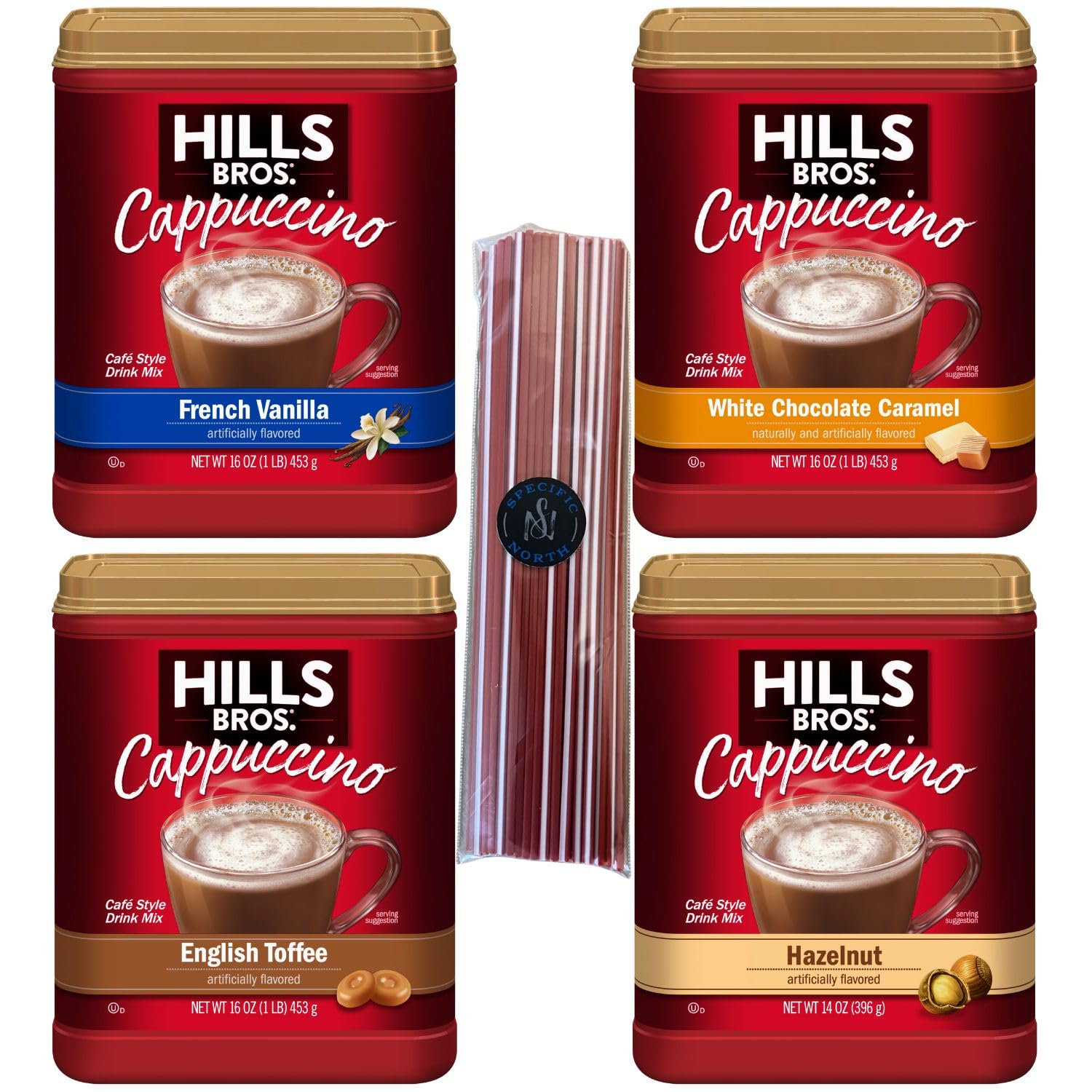 Hills Bros Cappuccino Mix Bundle French Vanilla, Hazelnut, White Chocolate