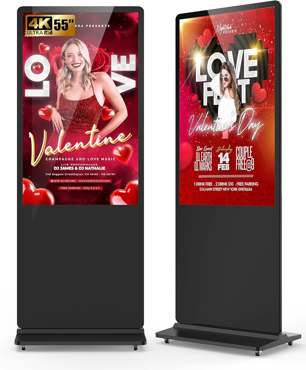 Pantalla de señalización digital de 55 pulgadas, pantalla LCD 4K 2160P, quiosco digital de pie para interiores, póster publicitario con reproductor multimedia automático con control remoto del sistema operativo Android, HDMI/WiFi/USB