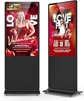 55-inch Indoor Floor Standing Digital Signage Display, 4K 2160P LCD Screen Android OS Kiosk Stand with 2 Speakers, Auto Media Display Advertising Player Supports Remote Control