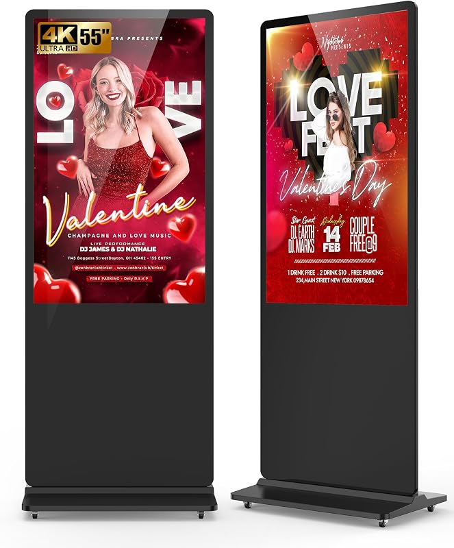 Pantalla de señalización digital de 55 pulgadas, pantalla LCD 4K 2160P, quiosco digital de pie para interiores, póster publicitario con reproductor multimedia automático con control remoto del sistema operativo Android, HDMI/WiFi/USB