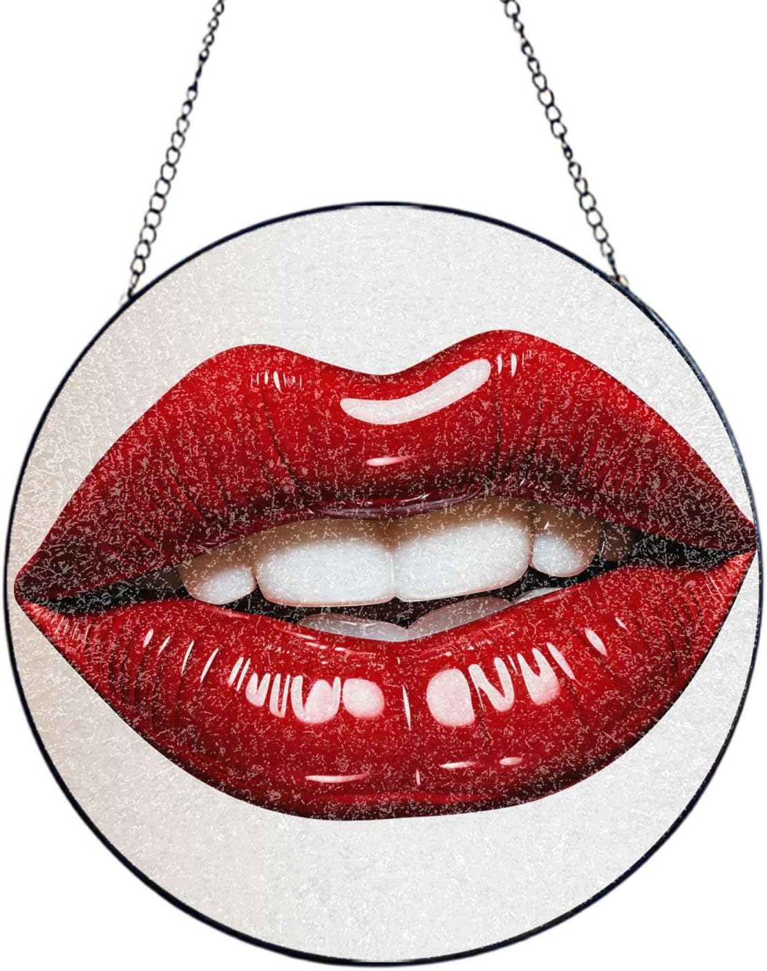 Stained Glass Window Hanging 6in（15cm）, Cute Graphic Red Lips Glass Suncatcher for Home Decor, Indoor Wall Art Glass Panel with Metal Chain and Hooks, Sun Catcher Ornament Birthday Gifts