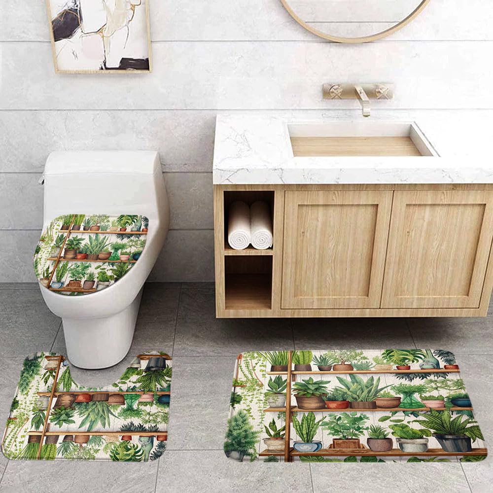 VPUPCN Potted Plants 3 Pcs Bath Rugs Set,Green Cactus Leaf Tropical Succulent Plant Boho Floral Botanical Greenhouse Bathroom Kitchen Rug with 16