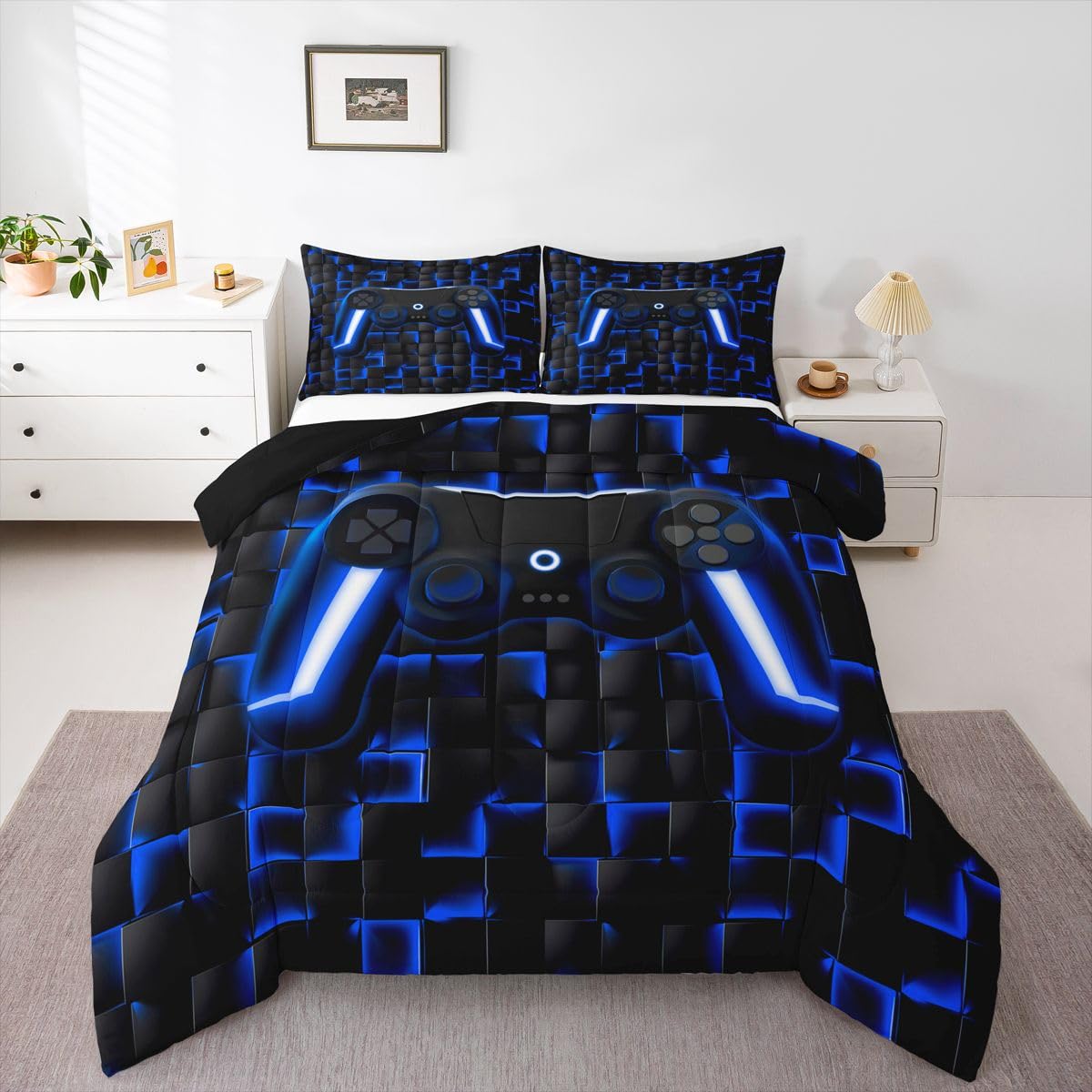 Erosebridal Gamer Queen Comforter Set for Boys Blue Gaming Kids Bedding Set Geometric Game Console Comforter for Teen Video Game Room Decor 3 Piece