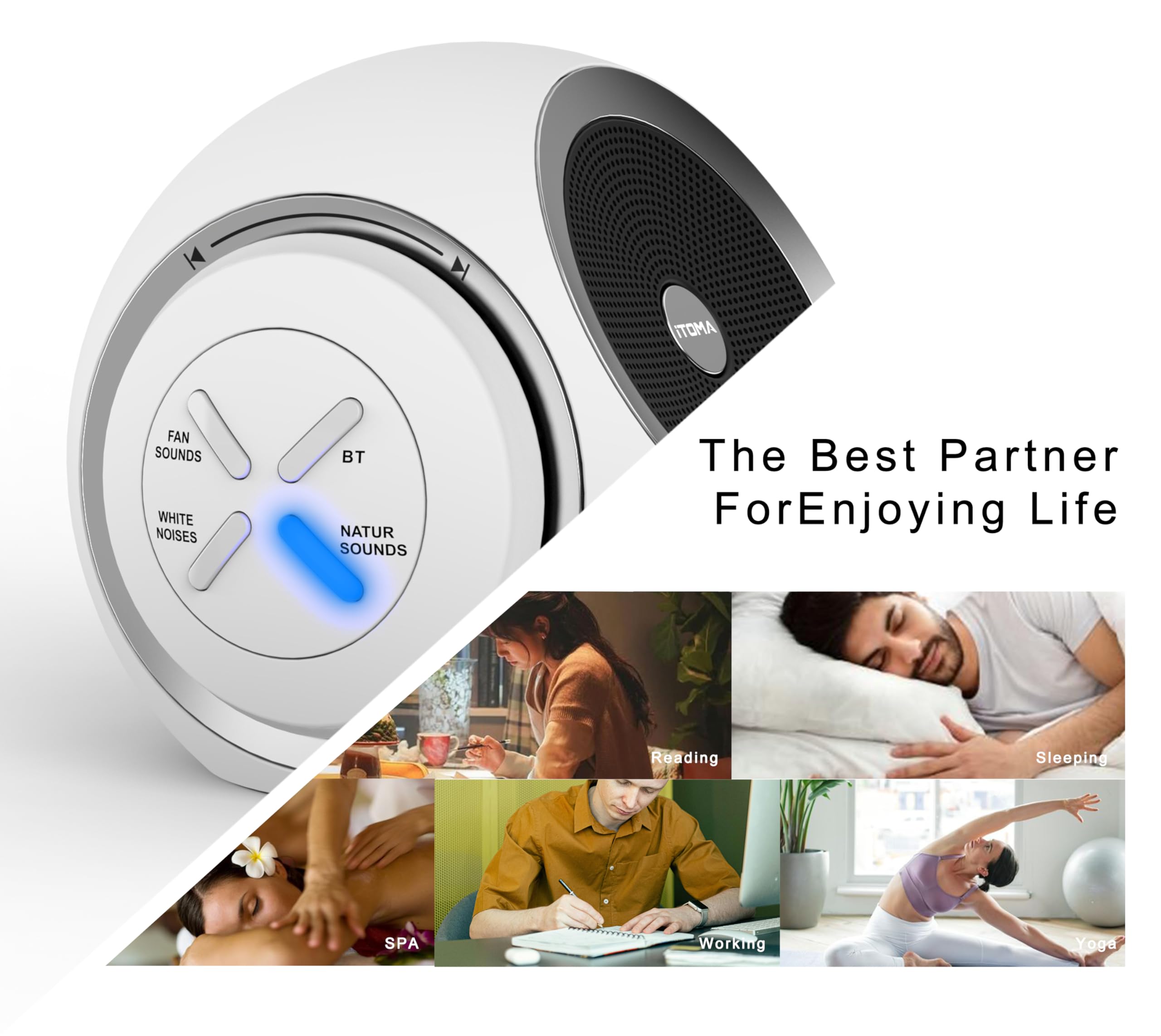 Máquina de ruido blanco, 30 opciones de sonido calmantes, incluyendo ventilador, ruido natural y blanco, cronómetro de sueño, bluetooth, volumen ajustable iTOMA 318