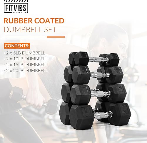 Miniatura 2 de Fitvids Rubber Encased Hex Dumbbell Set Contoured Handle for Muscle Toning, Strength Building & Full Body Workout, 60LB, 100LB, 150LB and 550LB Set