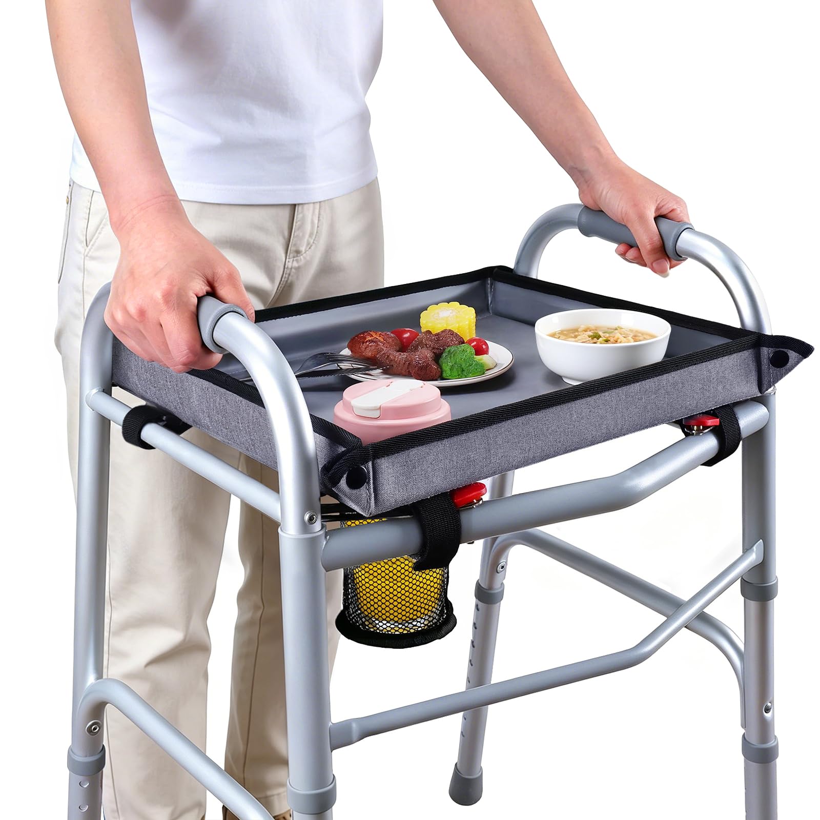 Photo 1 of Walker Tray for Folding Walkers with Cup Holder, Raised Edge & Non-Slip Surface Hard Walker Table for Seniors, Clip-On Tool Free Clip-On Tool Free Walker Accessory for Meals, Reading, Drinks